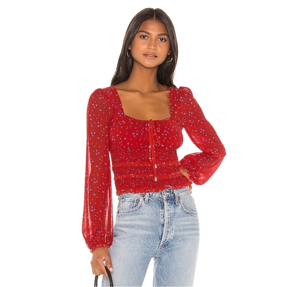 NWOT FREE PEOPLE Top M Red V Smoked-Waist Balloon-Long-Sleev”Lolita Cherry Combo